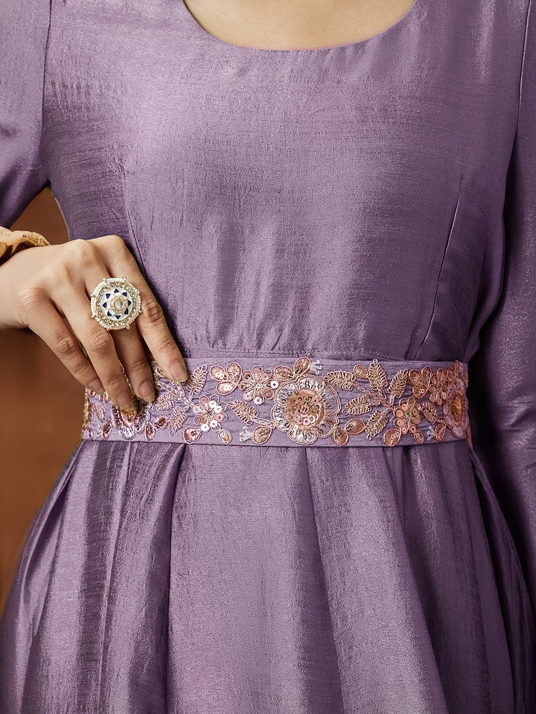 Janasya Women's Lavender Silk Blend Flared Gown With Embellished Belt