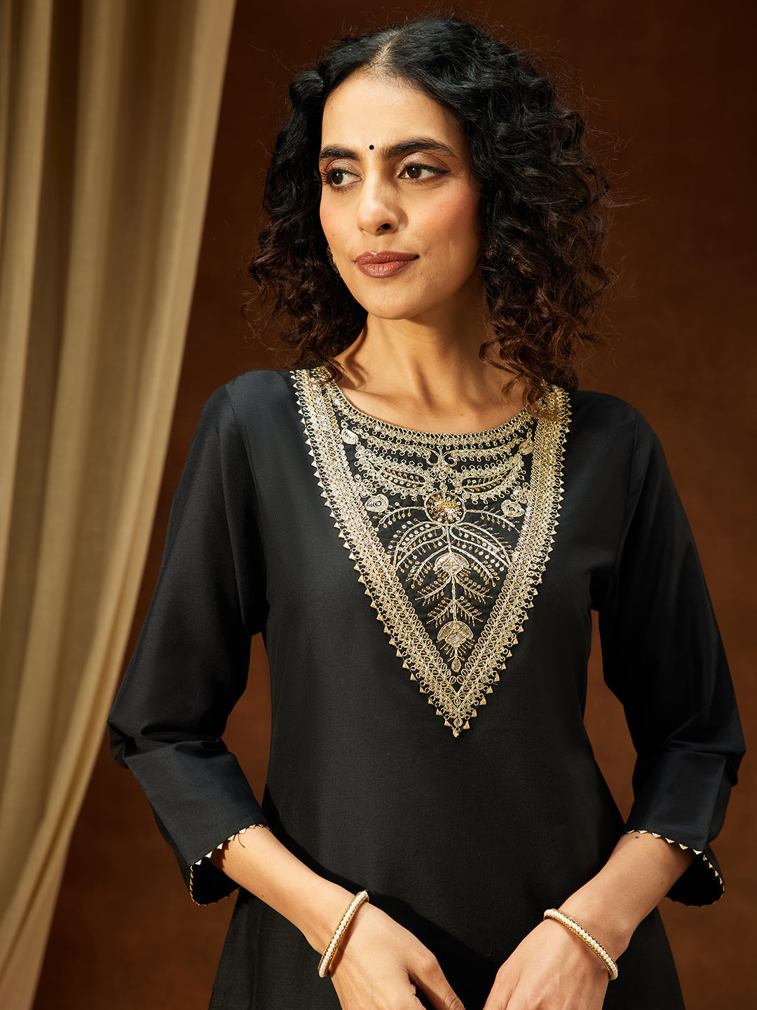 Janasya Women's Black Chanderi Silk Yoke Embroidered Straight Kurta