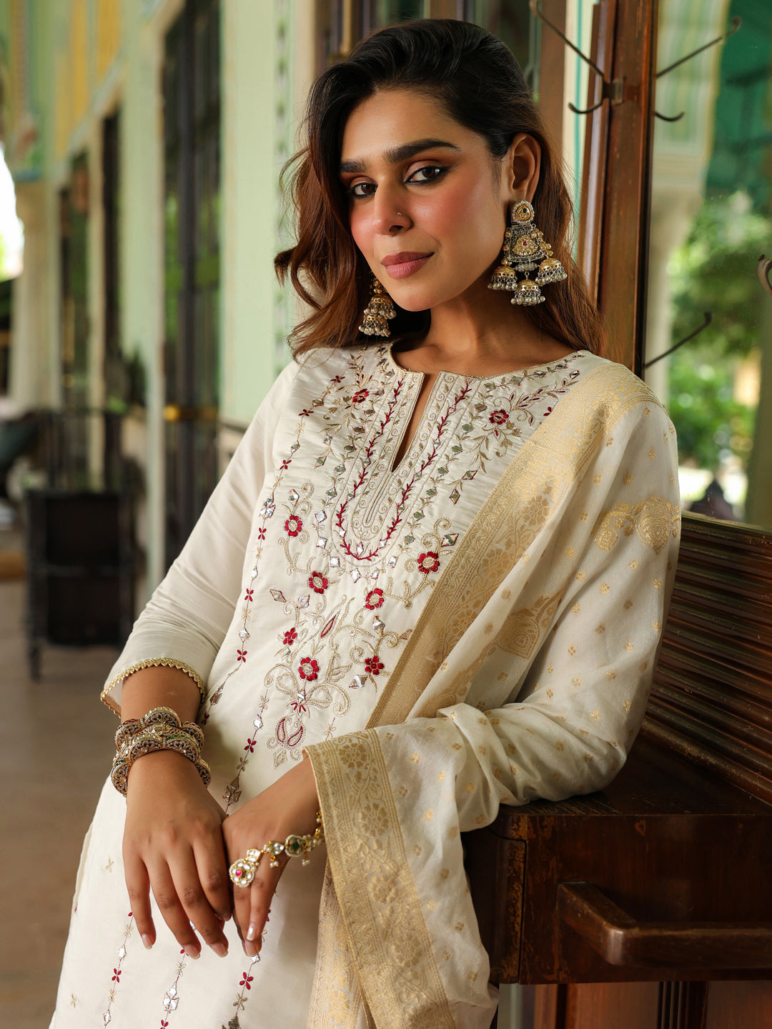 Janasya Women's Off White Chanderi Silk Embroidered Mirror Work Kurta With Sharara & Dupatta Set