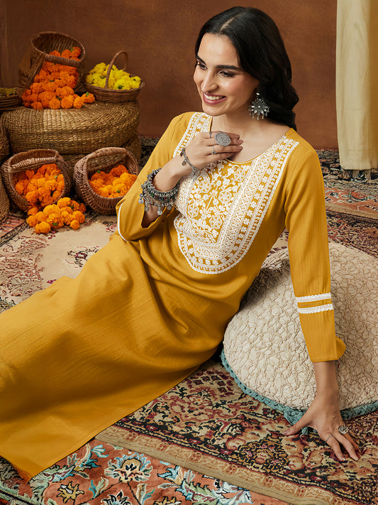 Janasya Women's Mustard Silk Blend Embroidered Straight Kurta