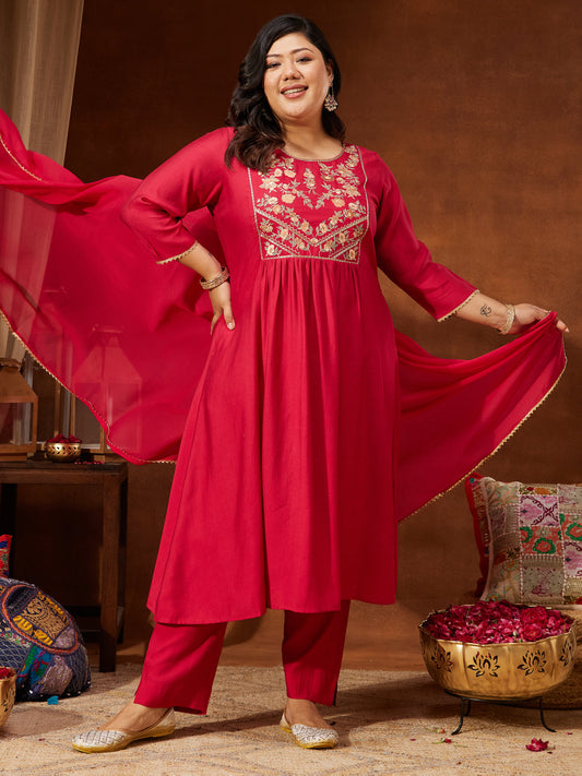 Janasya Women's Plus Size Pink Silk Blend Yoke Embroidered A-line Kurta Set