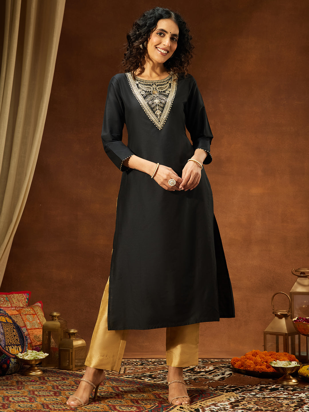 Janasya Women's Black Chanderi Silk Yoke Embroidered Straight Kurta