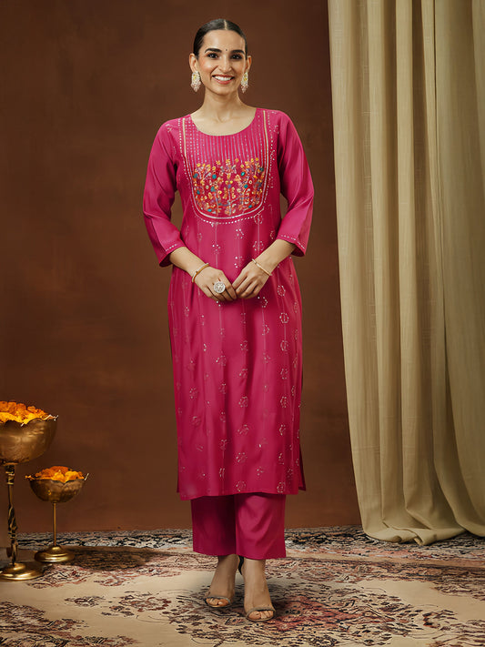 Janasya Women's Pink Silk Blend Embroidered Straight Kurta Pant Set