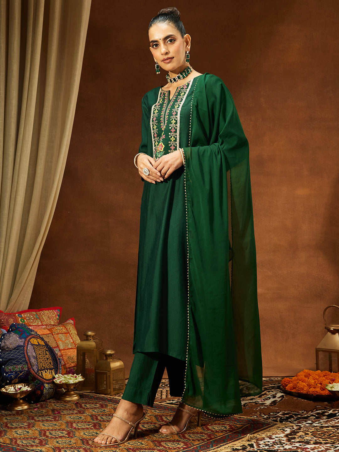 Janasya Women's Bottle Green Silk Blend Yoke Embroidered Straight Kurta Set