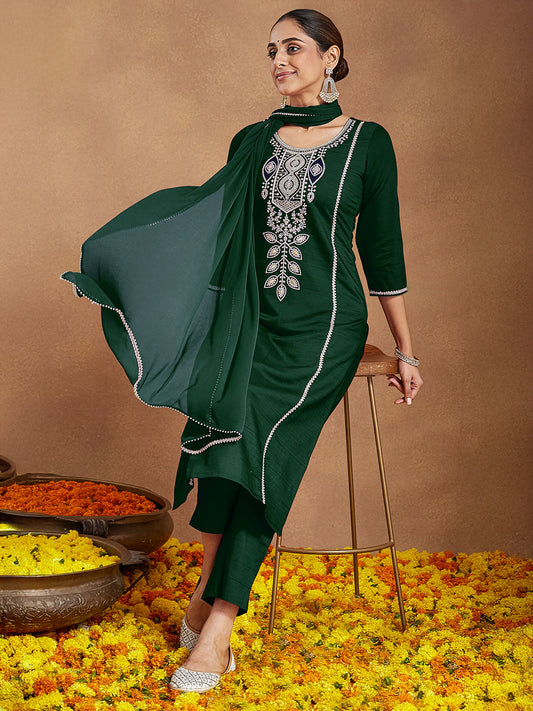 Janasya Women's Bottle Green Silk Blend Embroidered Straight Kurta Set