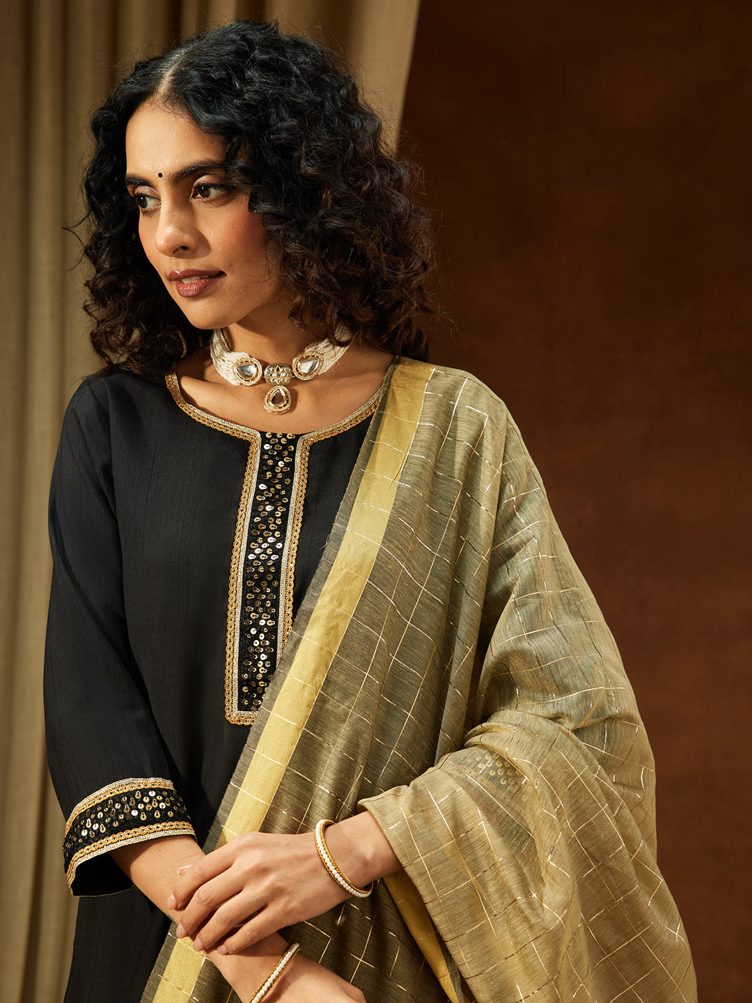 Janasya Women's Black Silk Blend Embellished Straight Kurta Set