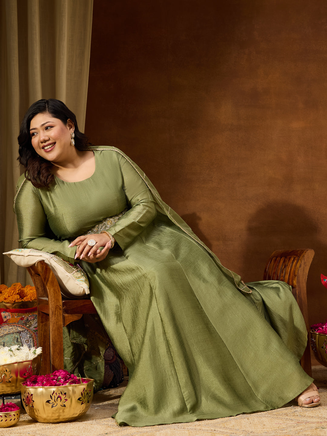 Janasya Women's Plus Size Sage Green Silk Blend Flared Gown With Embellished Belt