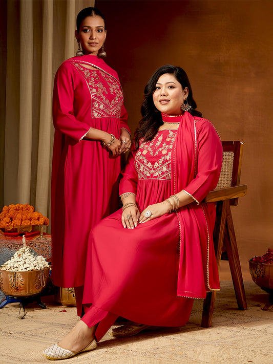 Janasya Women's Plus Size Pink Silk Blend Yoke Embroidered A-line Kurta Set